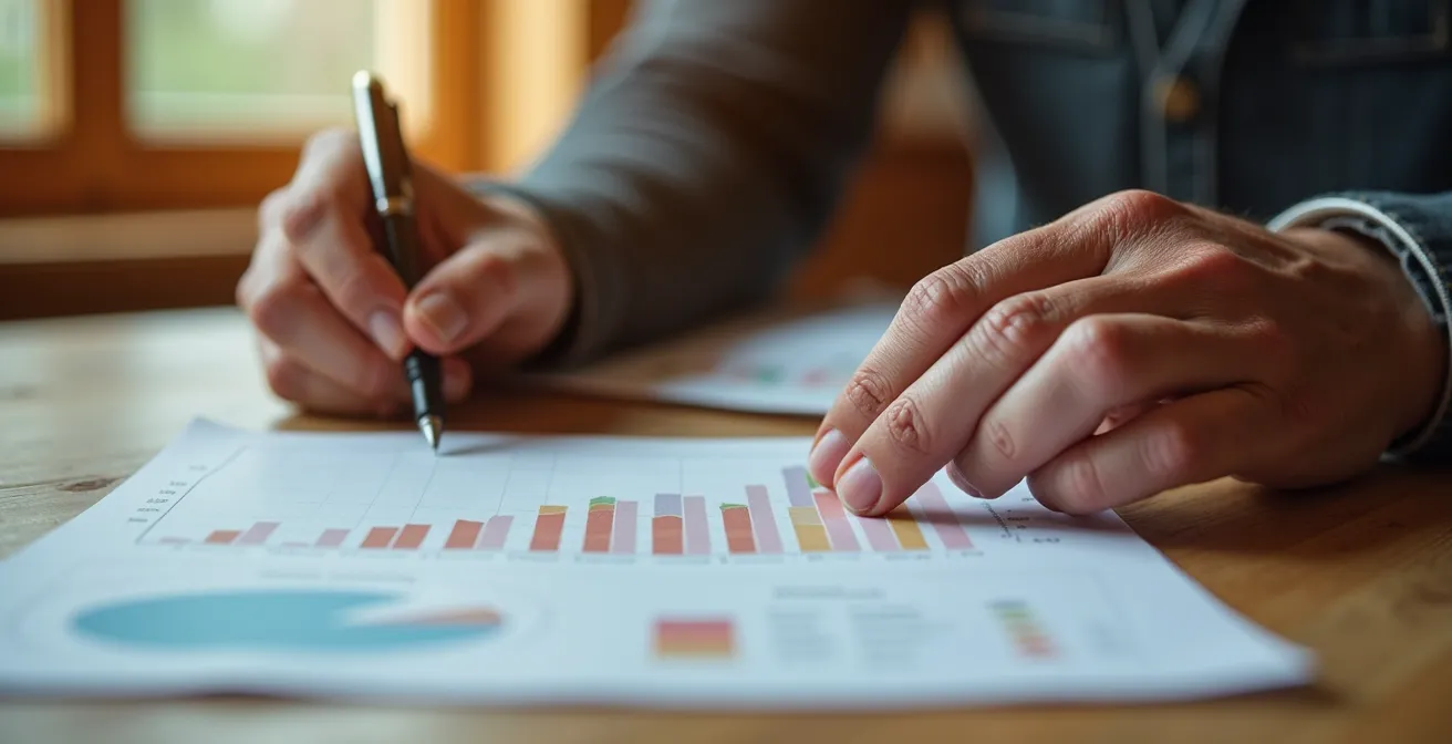 Gros plan sur les mains d'un propriétaire analysant des graphiques de performance locative sur une table en bois