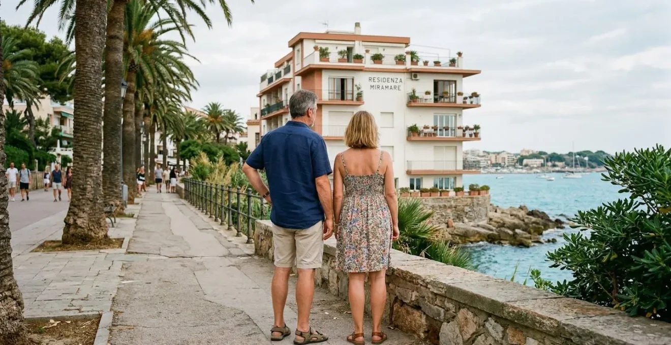 Couple d'acheteurs potentiels observant une résidence balnéaire à Narbonne-Plage