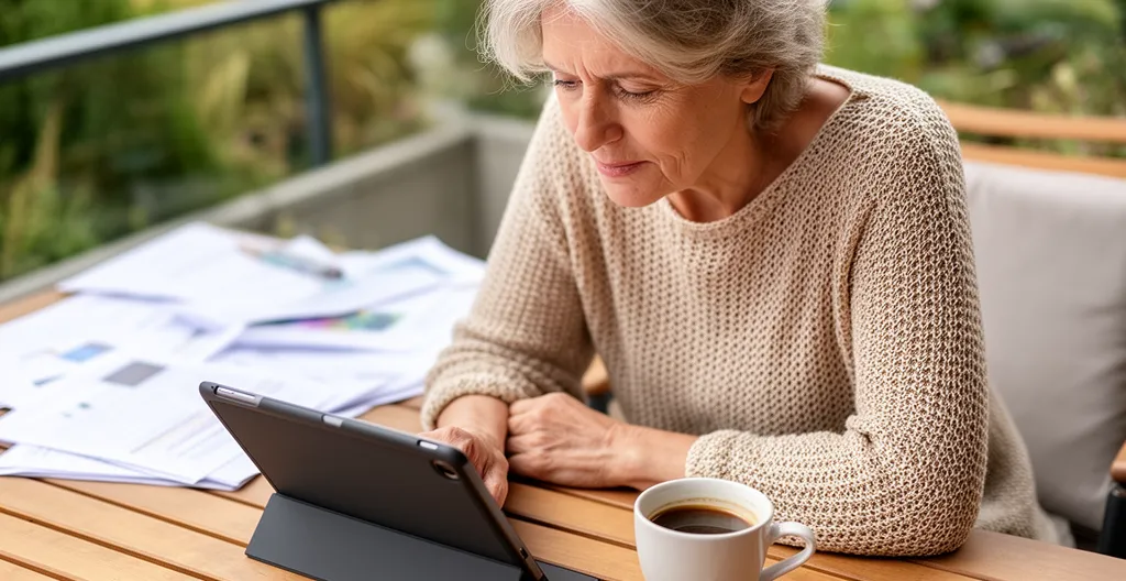 Personne consultant des documents immobiliers sur tablette en terrasse, analyse investissement locatif