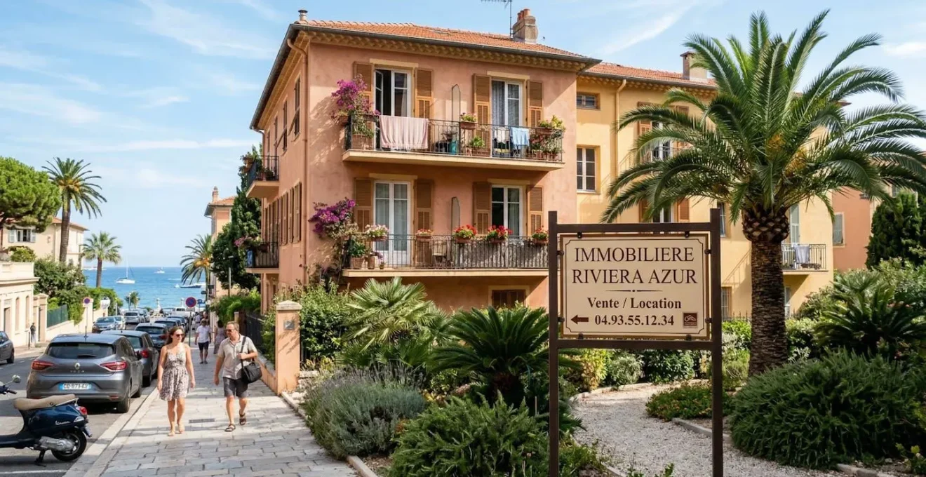 Panneau d'agence immobilière devant résidence littorale à Narbonne-Plage