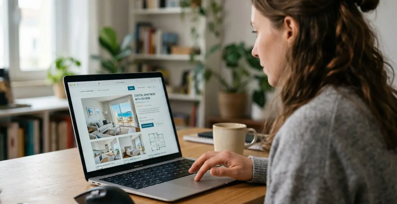 Personne consultant des annonces immobilières sur ordinateur portable