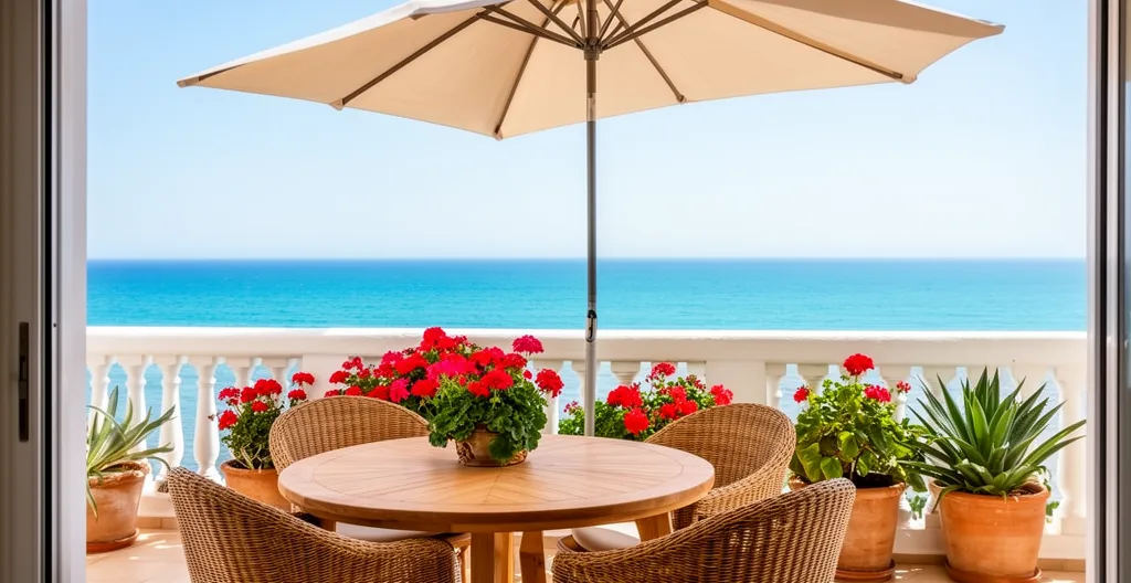 Terrasse meublée d'un appartement avec vue mer au Cap d'Agde, équipée pour la location saisonnière