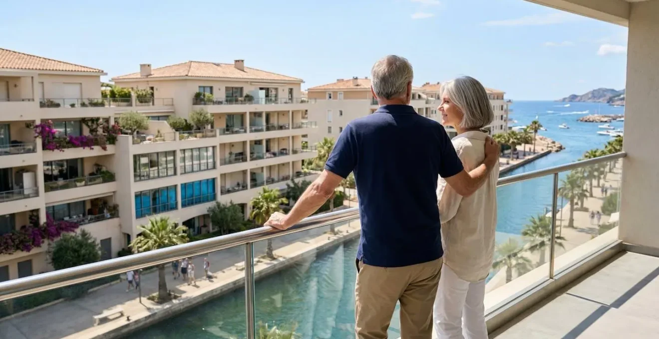 Un couple de retraités vu de dos observe des appartements depuis un balcon moderne avec vue sur les canaux d'Empuriabrava en pleine journée ensoleillée