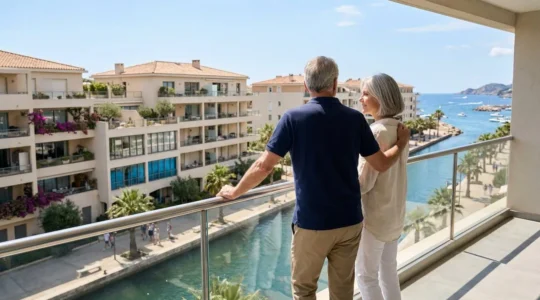 Un couple de retraités vu de dos observe des appartements depuis un balcon moderne avec vue sur les canaux d'Empuriabrava en pleine journée ensoleillée