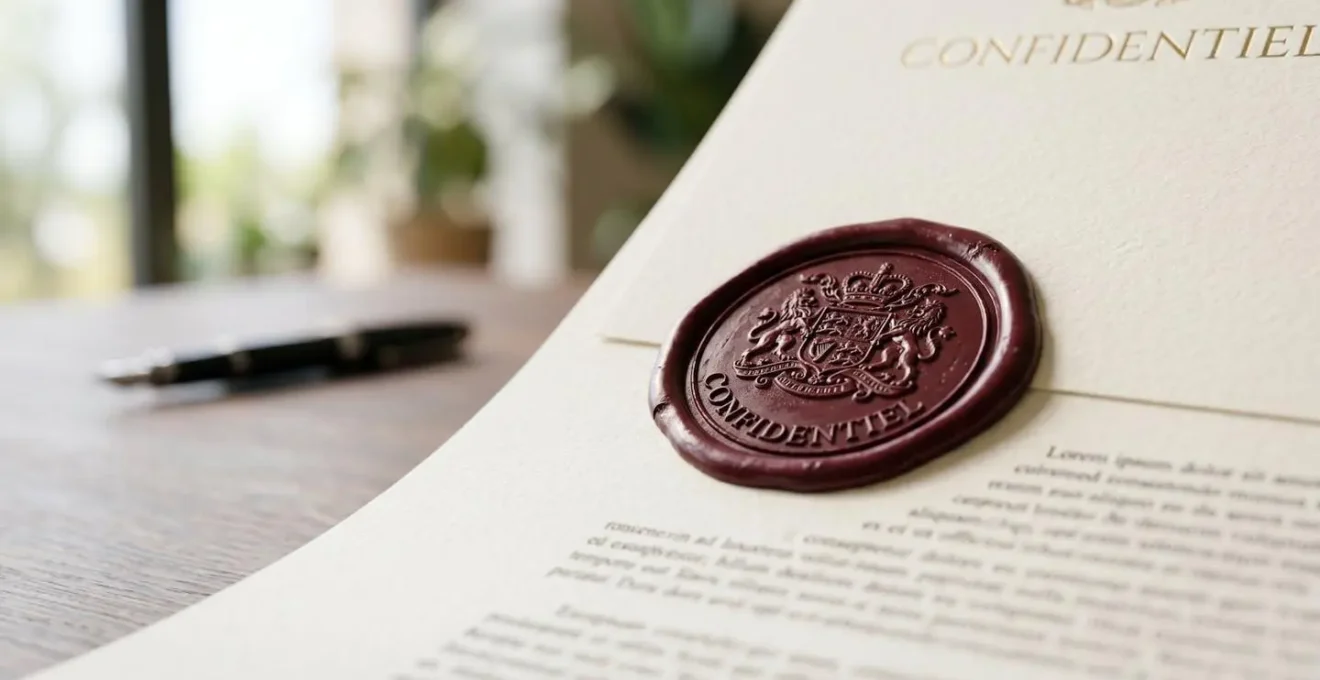 Gros plan sur un document immobilier confidentiel avec cachet de cire élégant et mention partiellement visible, posé sur une surface de bureau moderne haut de gamme