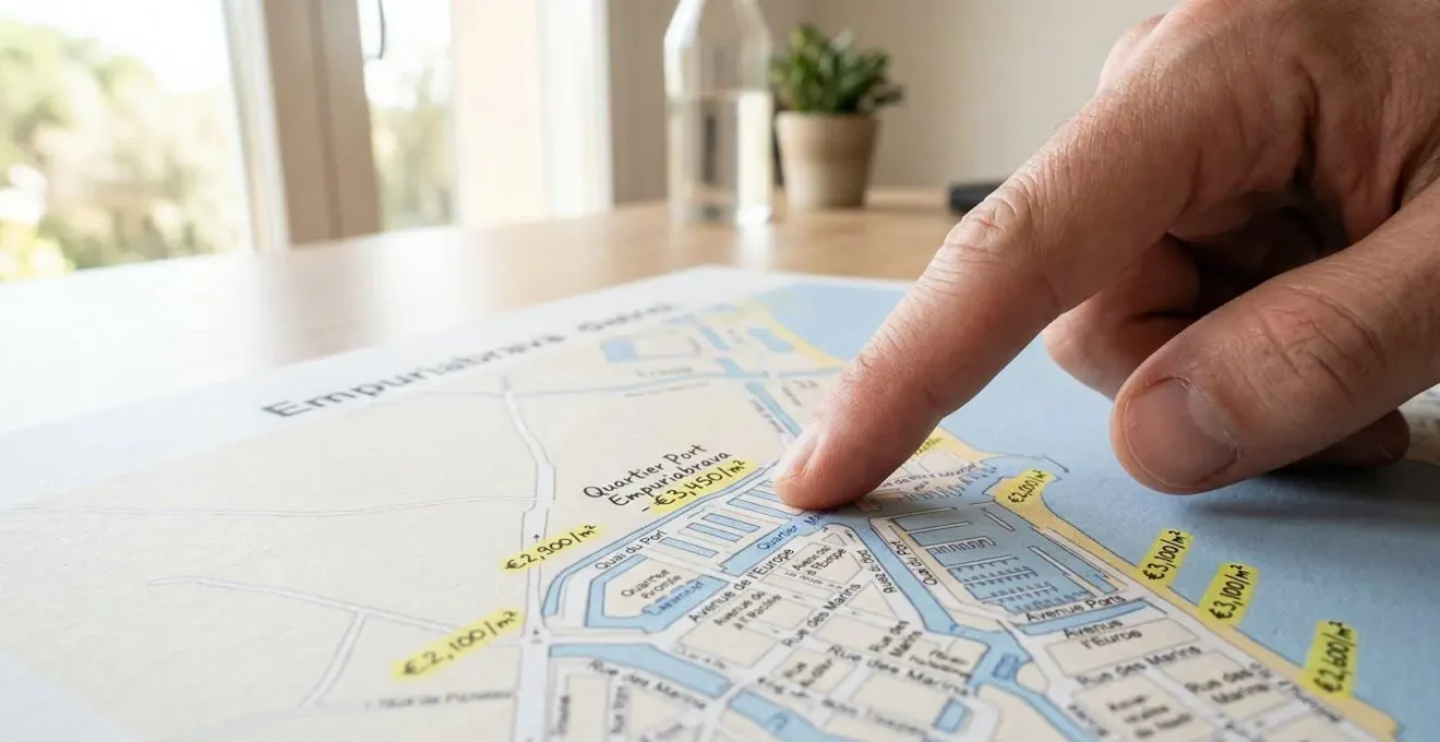 Gros plan sur un doigt pointant une zone précise d'une carte détaillée d'Empuriabrava avec des marqueurs de prix, posée sur un bureau moderne