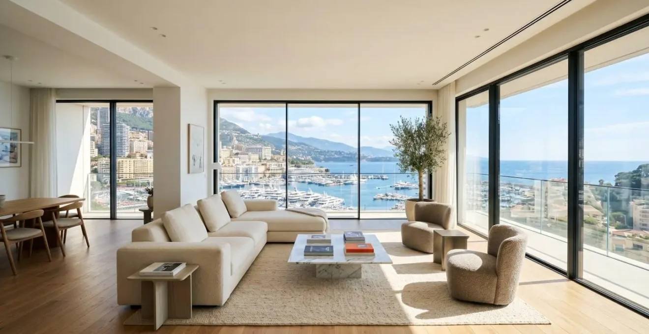 Salon contemporain d'un appartement monégasque avec baies vitrées donnant sur une vue panoramique du port de Monaco, lumière naturelle méditerranéenne, architecture haut de gamme 2026