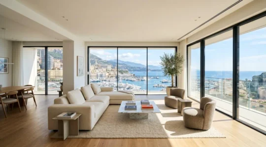 Salon contemporain d'un appartement monégasque avec baies vitrées donnant sur une vue panoramique du port de Monaco, lumière naturelle méditerranéenne, architecture haut de gamme 2026