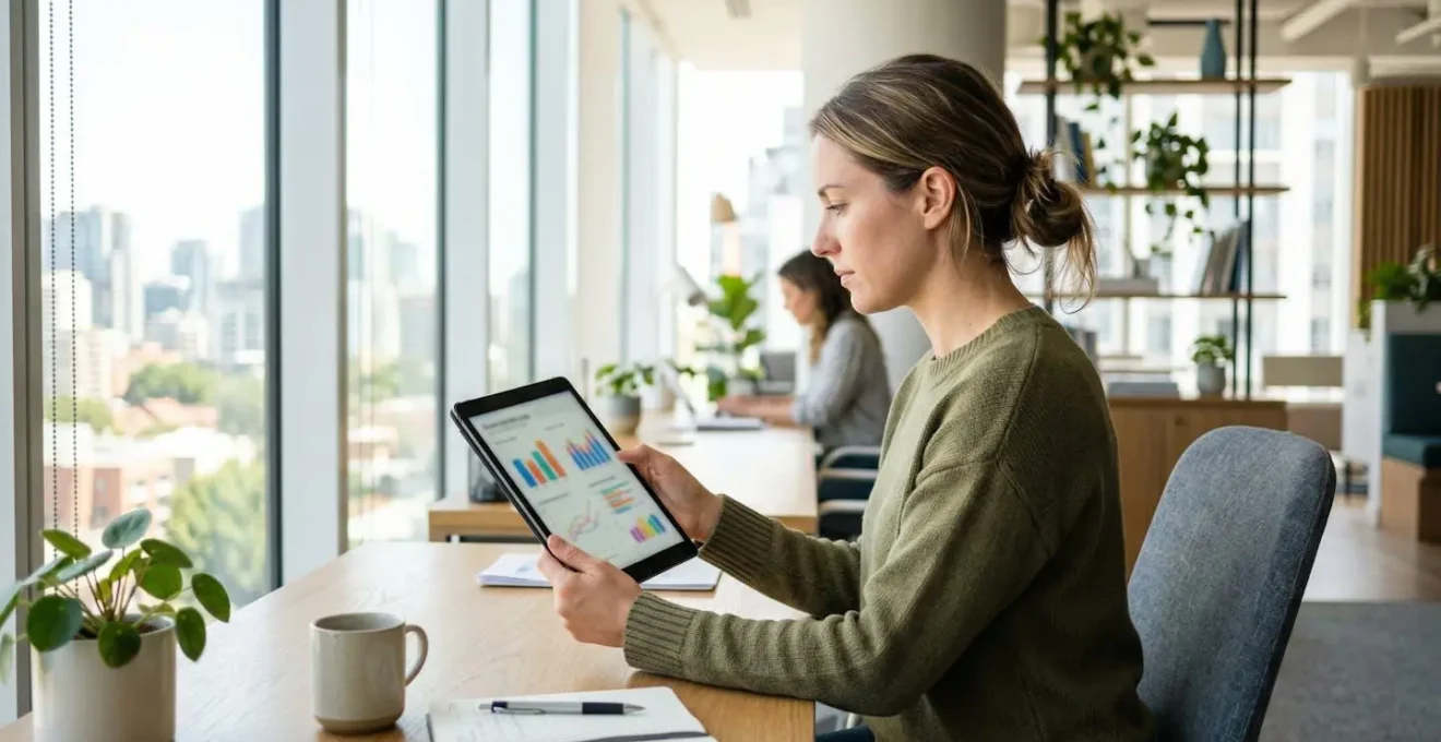 Une personne de profil consulte attentivement une tablette affichant des graphiques dans un bureau moderne baigné de lumière naturelle