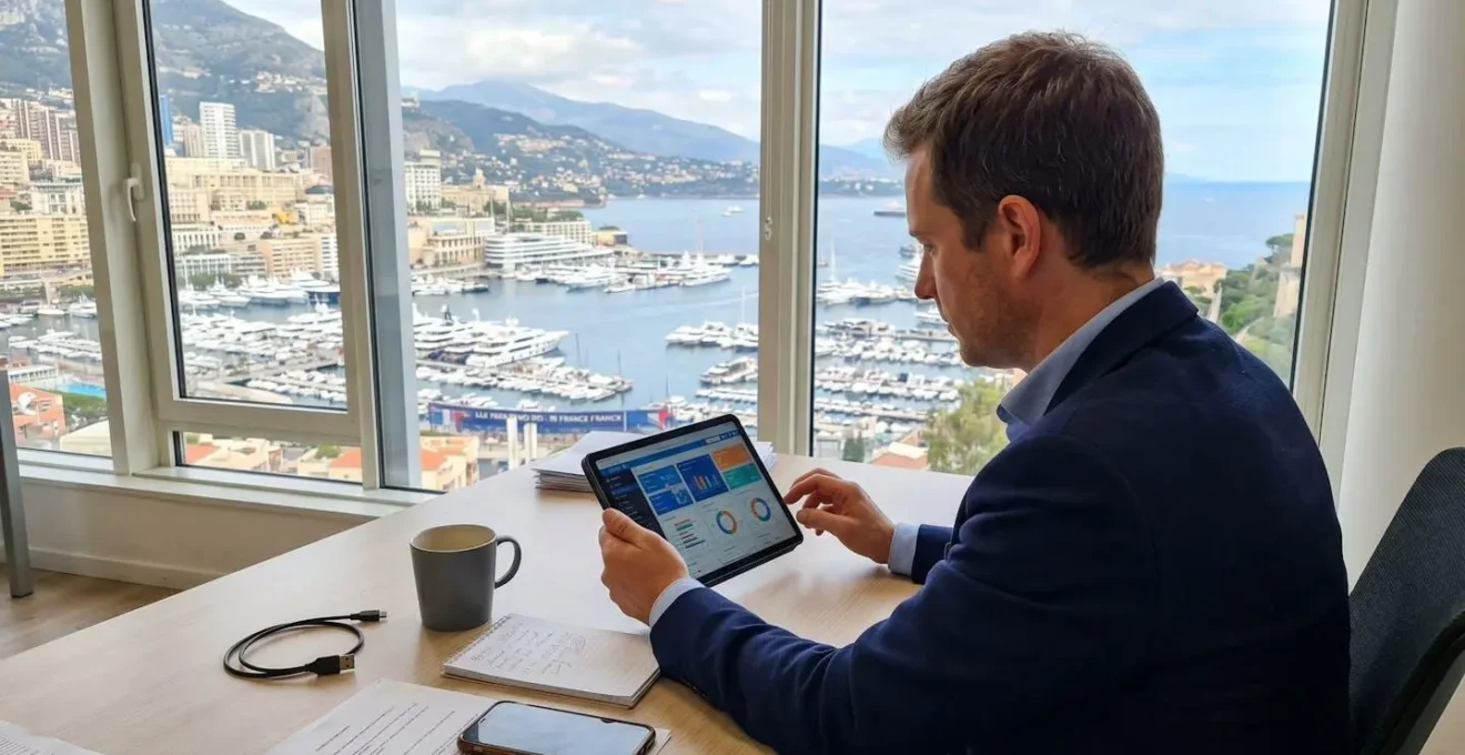 Professionnel de l'immobilier vu de dos consultant des documents d'évaluation sur une tablette dans un bureau moderne à Monaco, lumière naturelle latérale