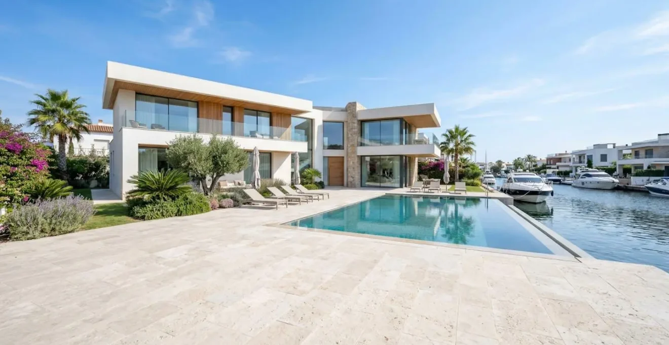 Vue grand angle d'une résidence contemporaine avec piscine à Empuriabrava sous un ciel méditerranéen ensoleillé, architecture moderne épurée