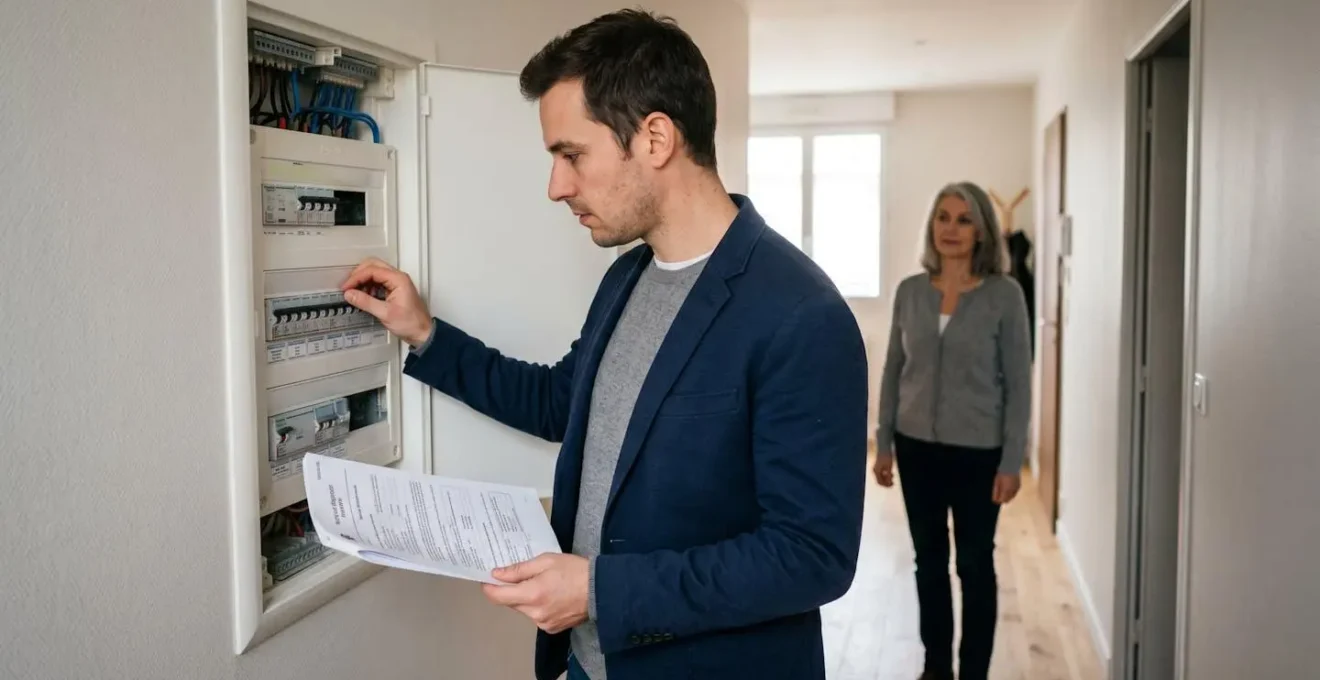 Acquéreur inspectant un tableau électrique avec document technique en main pendant que la vendeuse se tient à distance respectueuse en arrière-plan