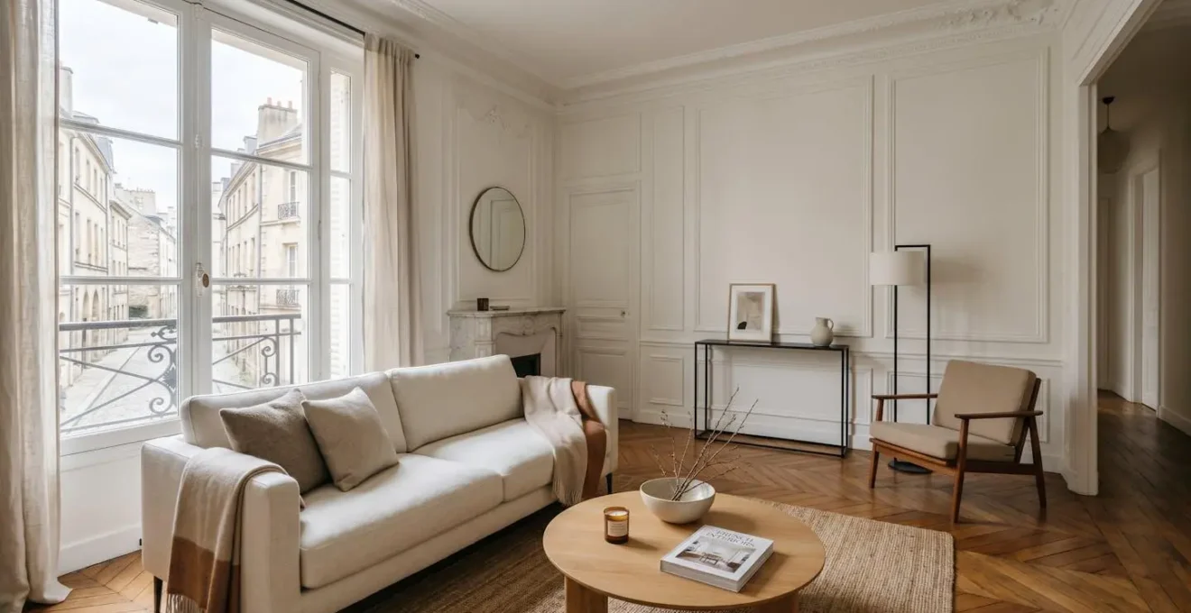 Intérieur d'un appartement ancien rénové dans une rue du centre-ville de Tulle, lumineux avec parquet en bois et moulures au plafond