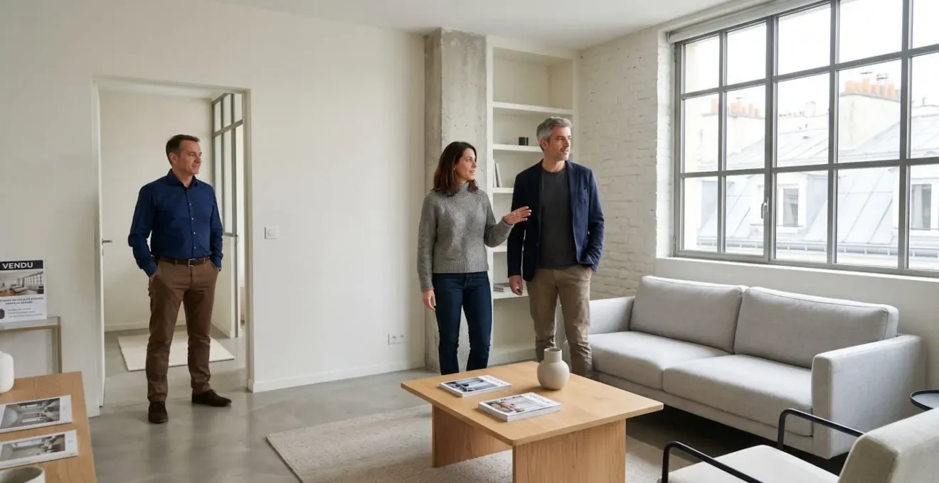 Couple d'acquéreurs visitant un appartement lumineux avec mobilier contemporain pendant que le vendeur se tient en retrait près de l'entrée