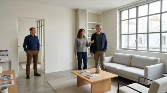 Couple d'acquéreurs visitant un appartement lumineux avec mobilier contemporain pendant que le vendeur se tient en retrait près de l'entrée