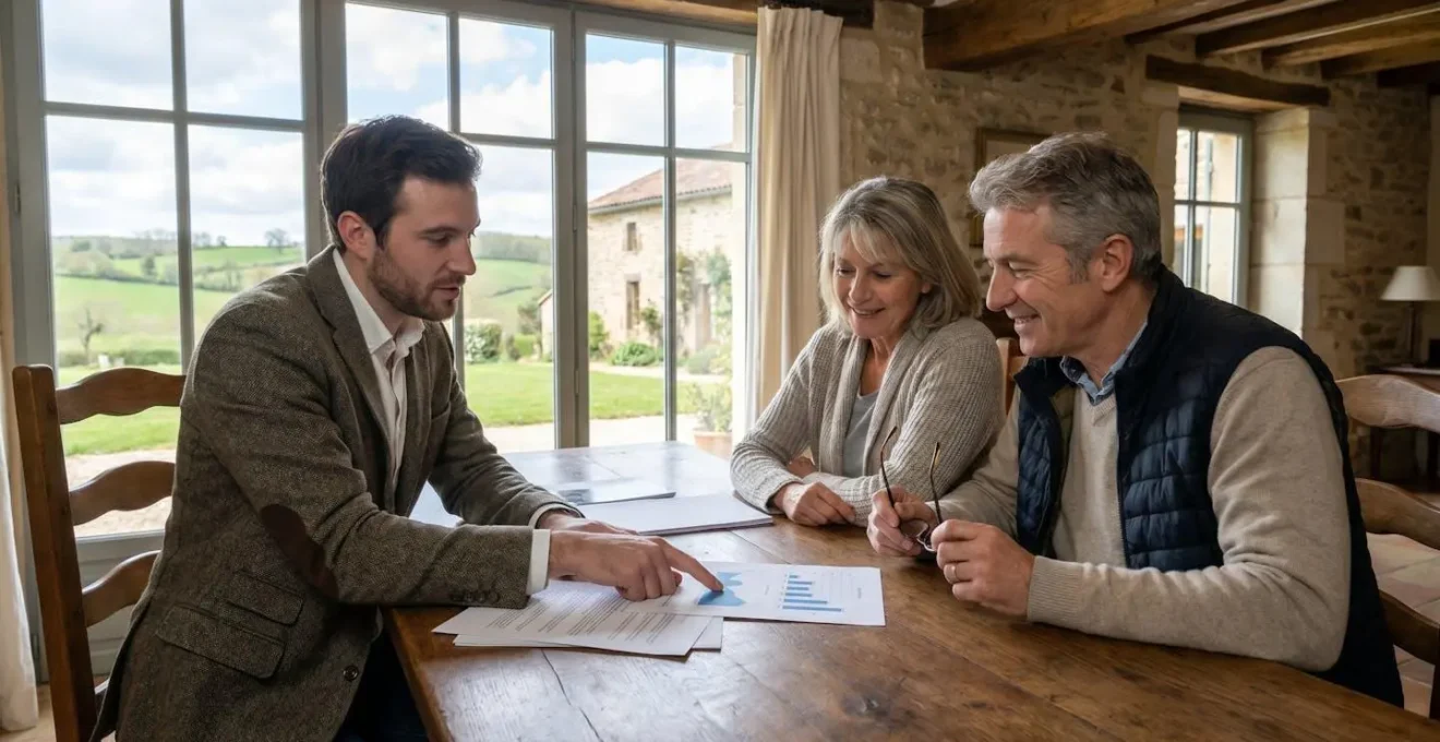 Professionnel de l'immobilier présentant des données de marché à un couple de propriétaires autour d'une table