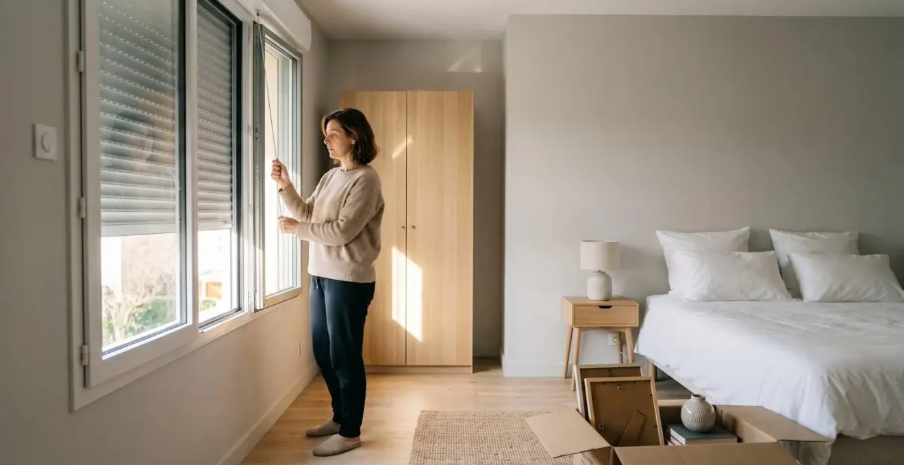 Femme ouvrant les volets d'une chambre lumineuse préparée pour une visite immobilière avec carton d'objets personnels retirés au premier plan