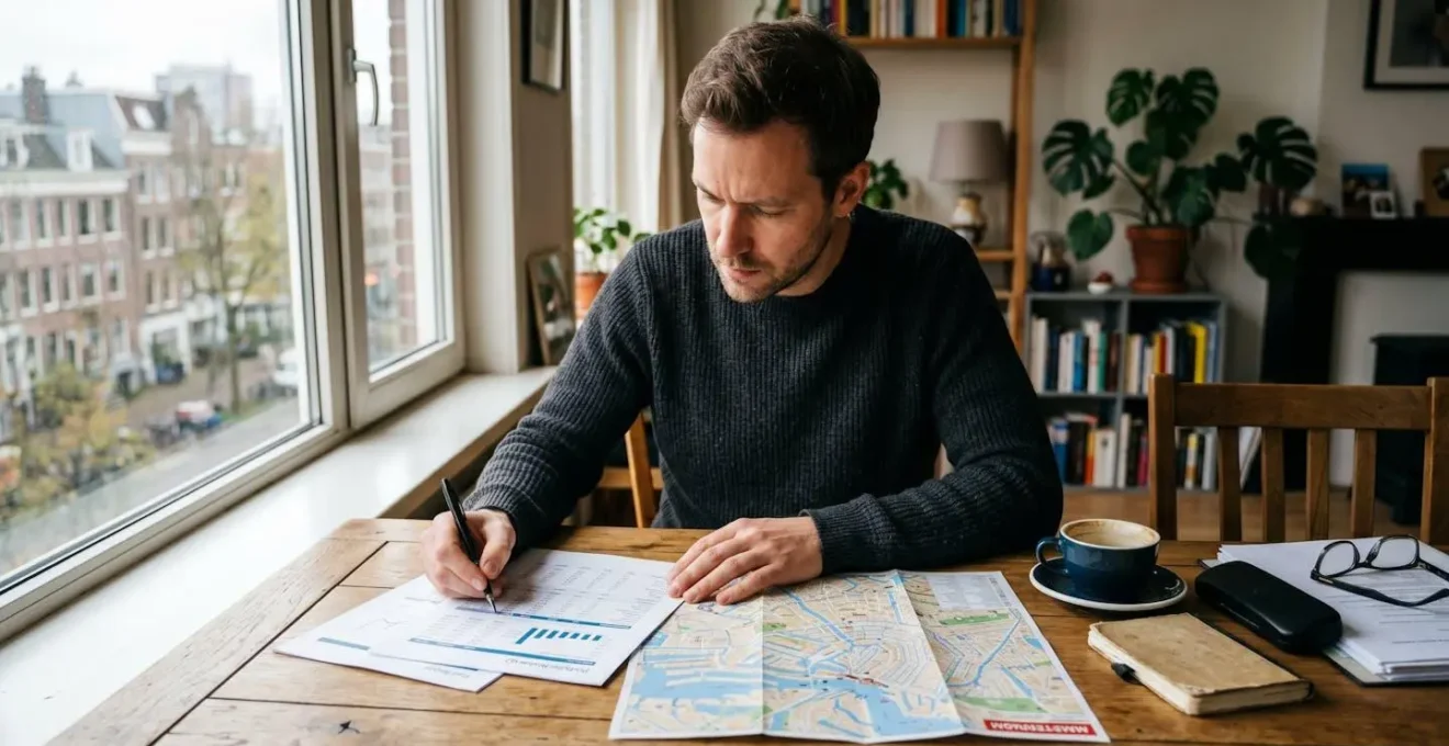 Personne consultant des documents financiers et un plan de ville sur une table, en contexte d'analyse d'un projet d'investissement immobilier