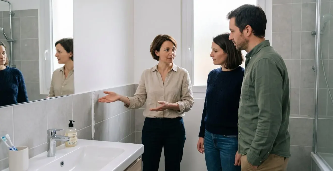 Vendeuse expliquant de façon transparente à un couple d'acquéreurs des traces d'humidité traitées dans une salle de bain moderne