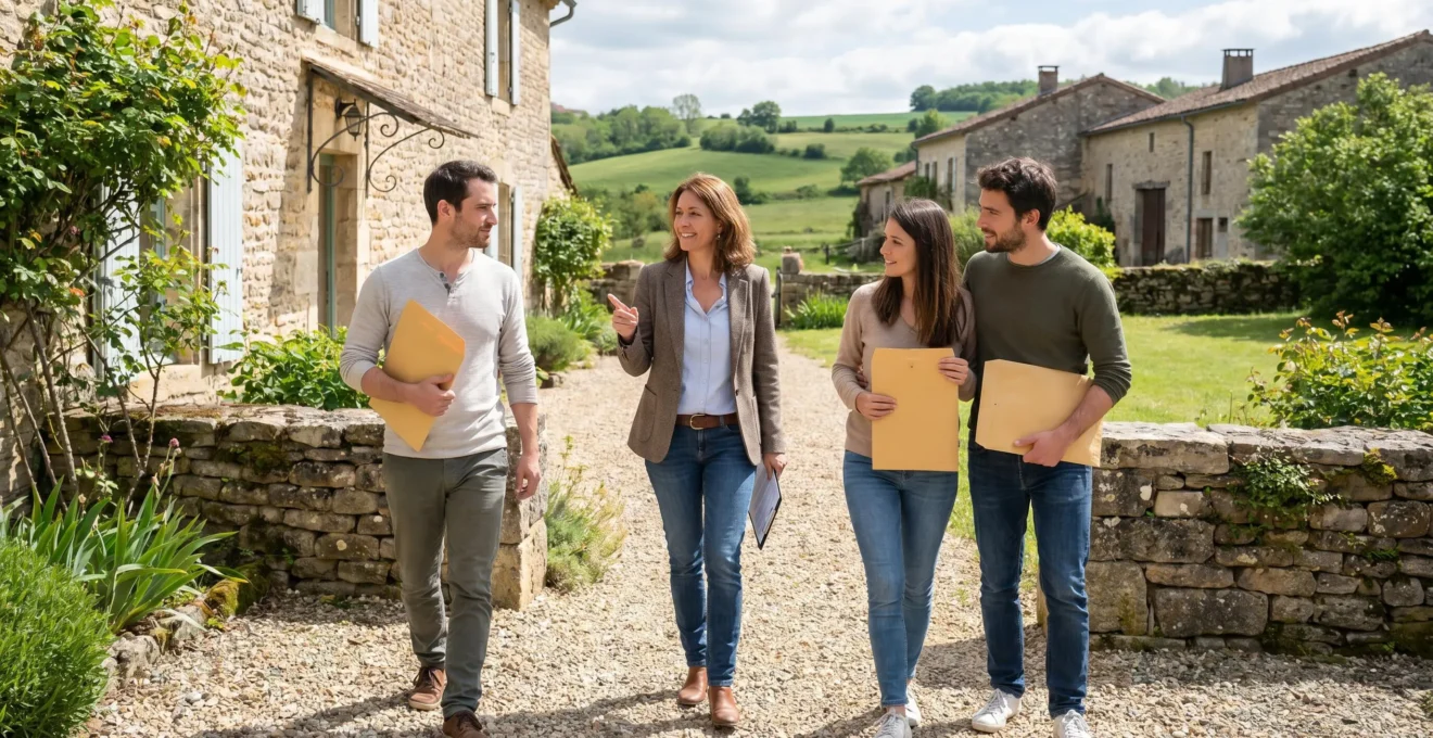 Couple d'acheteurs visitant une maison corrézienne accompagnés d'un agent immobilier dans le jardin