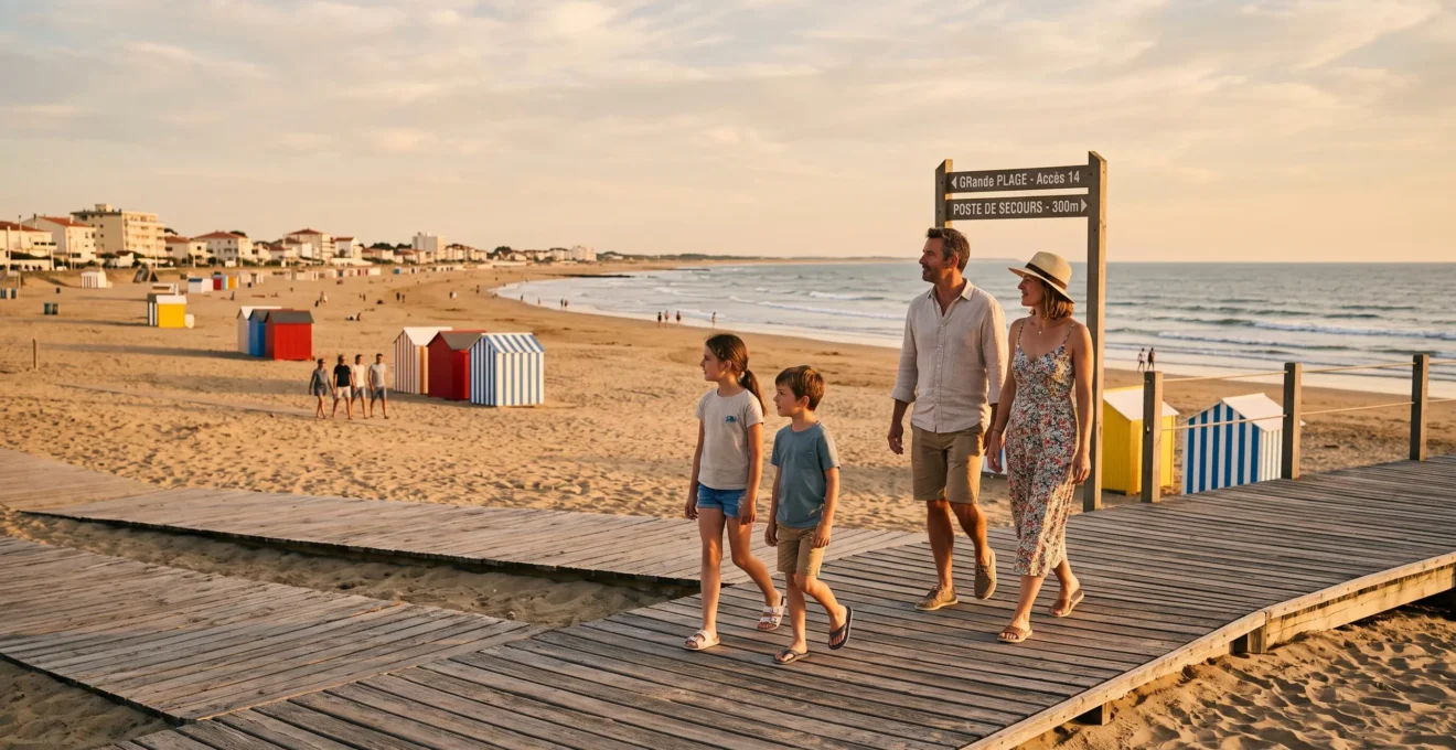 Famille de quatre personnes marchant sur la promenade en bois de Saint-Jean-de-Monts en fin d'après-midi, avec plage de sable fin et cabines colorées en arrière-plan sous lumière dorée