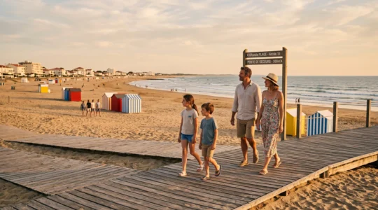 Famille de quatre personnes marchant sur la promenade en bois de Saint-Jean-de-Monts en fin d'après-midi, avec plage de sable fin et cabines colorées en arrière-plan sous lumière dorée