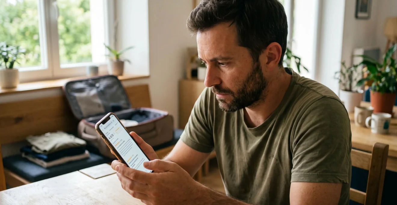 Homme d'une quarantaine d'années consultant attentivement sur smartphone les avis clients vérifiés d'une location de vacances, assis à table avec valise en arrière-plan